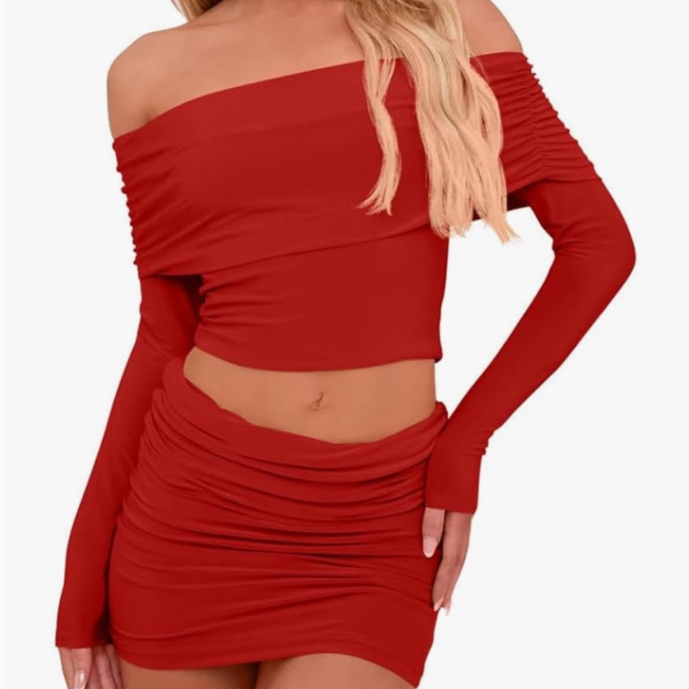 Red Off-Shoulder Two-Piece Set